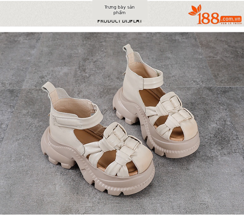 Sandal nữ da bò thật đế dày phong cách La Mã, mũi kín, quai đan dây — màu nâu chi tiết 10