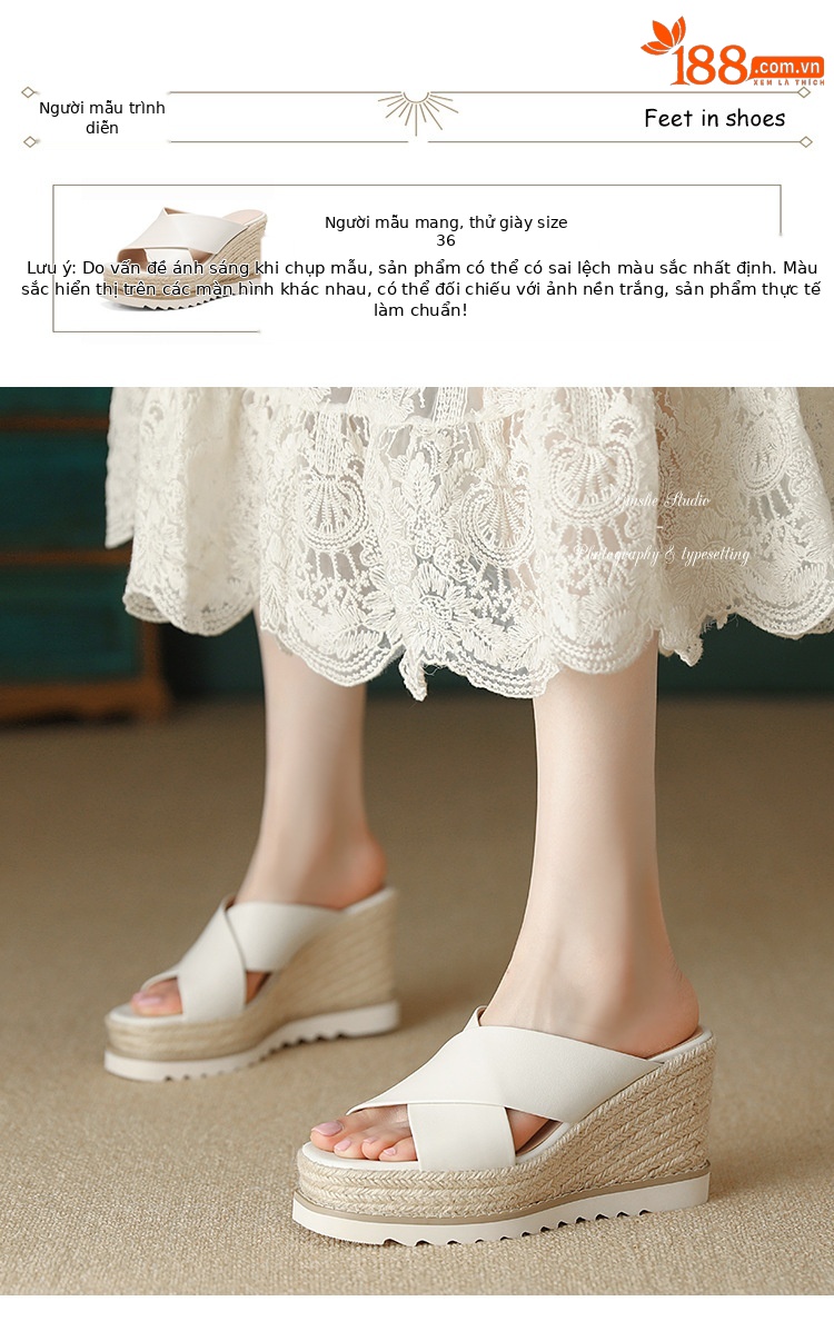 Sandal cao gót nữ đế xuồng đan rơm hở mũi quai chéo bản to — màu trắng ngà, bạc chi tiết 3