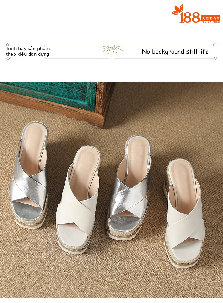 Sandal cao gót nữ đế xuồng đan rơm hở mũi quai chéo bản to — màu trắng ngà, bạc chi tiết 9