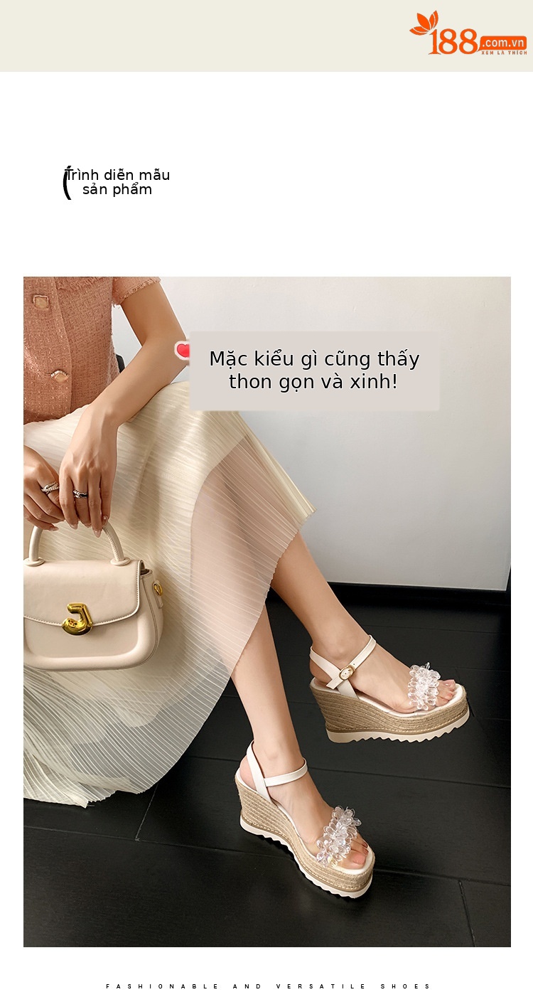 Sandal cao gót nữ đính đá quai ngang mũi hở gót xuồng platform — màu trắng ngà, bạc chi tiết 2