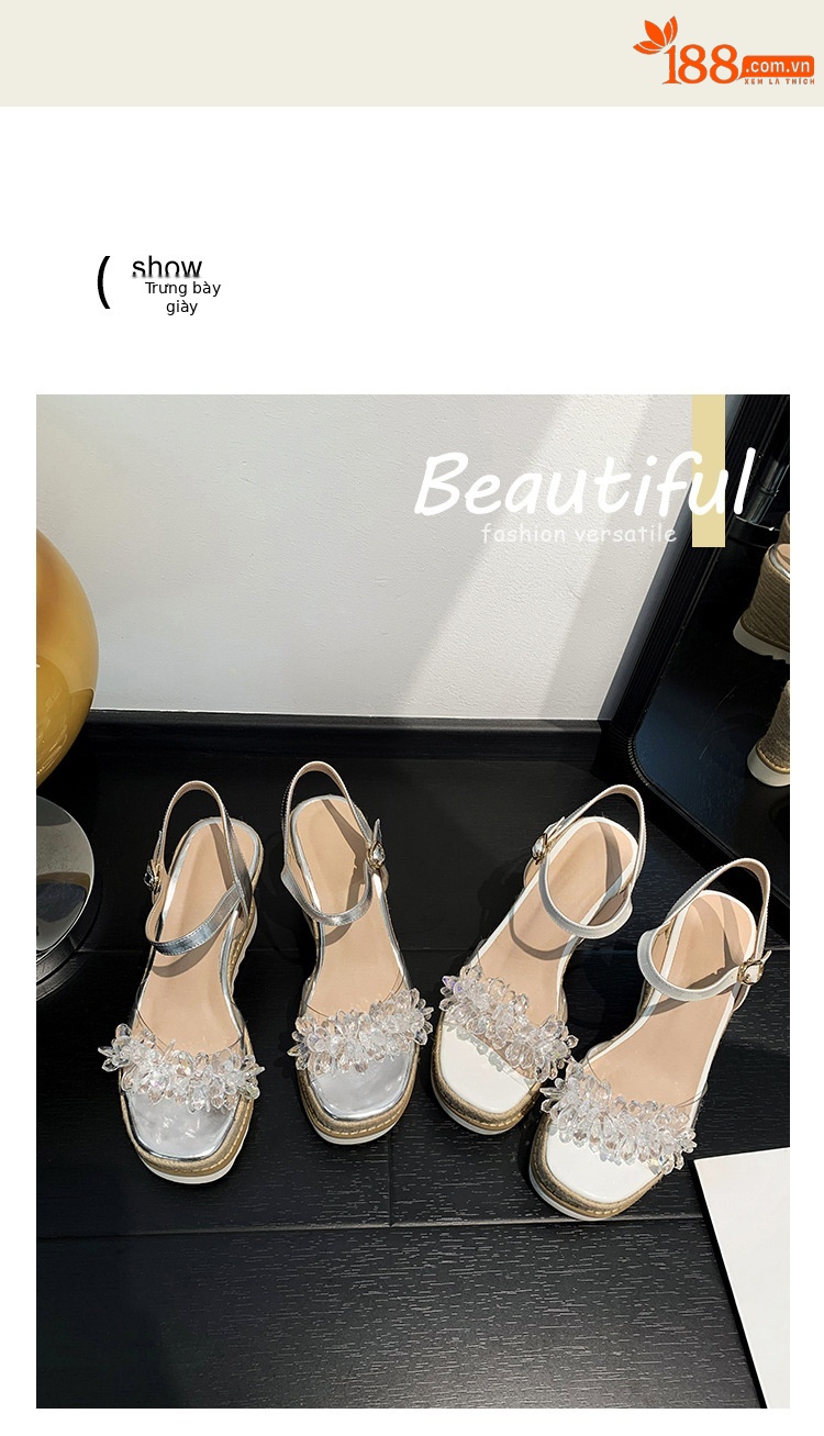 Sandal cao gót nữ đính đá quai ngang mũi hở gót xuồng platform — màu trắng ngà, bạc chi tiết 9