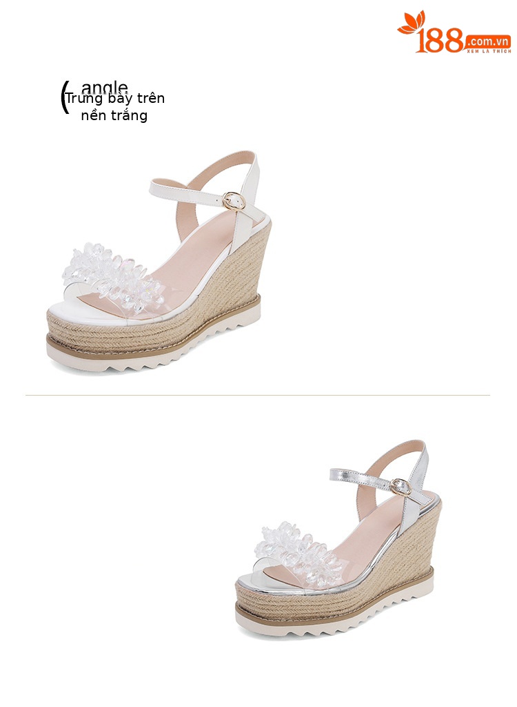 Sandal cao gót nữ đính đá quai ngang mũi hở gót xuồng platform — màu trắng ngà, bạc chi tiết 15