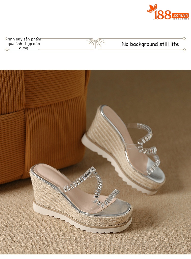 Sandal cao gót nữ hở mũi đế xuồng đính đá pha lê — bạc chi tiết 6