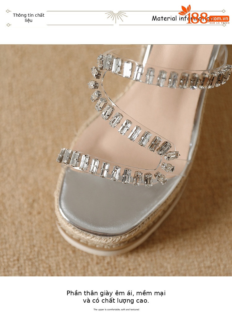 Sandal cao gót nữ hở mũi đế xuồng đính đá pha lê — bạc chi tiết 8