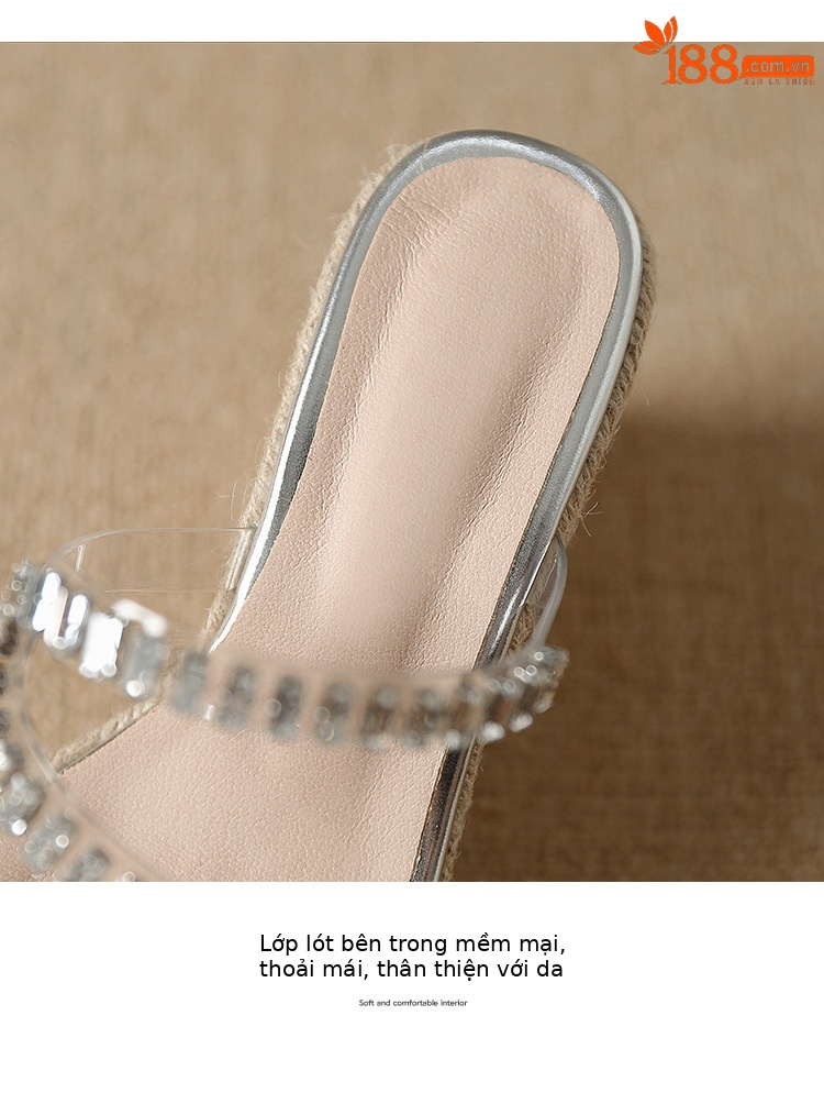 Sandal cao gót nữ hở mũi đế xuồng đính đá pha lê — bạc chi tiết 9