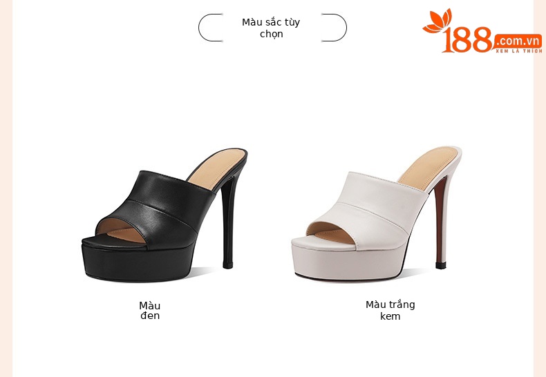 Dép sandal cao gót nữ mũi tròn đế xuồng platform da bò thật — đen chi tiết 2