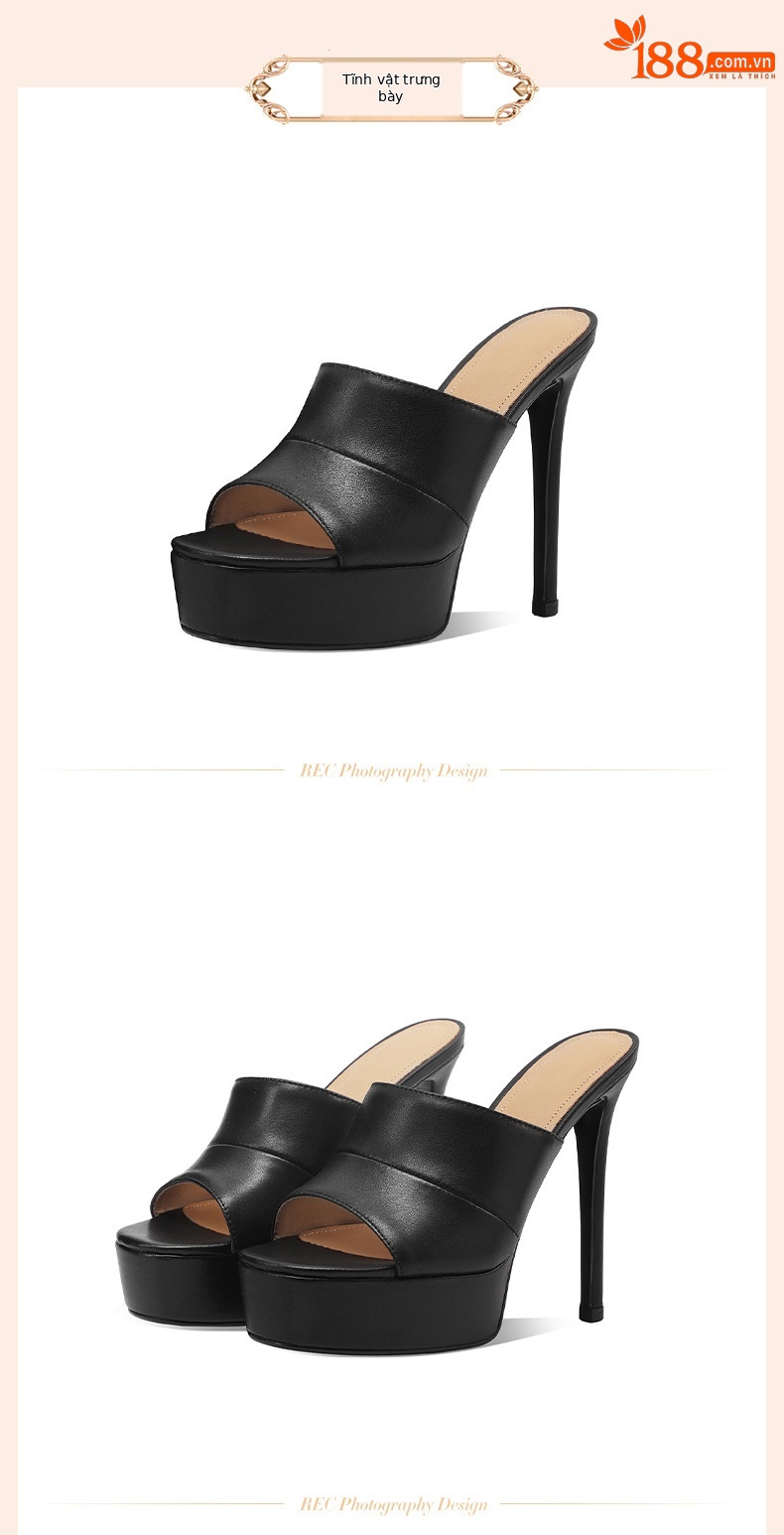 Dép sandal cao gót nữ mũi tròn đế xuồng platform da bò thật — đen chi tiết 9