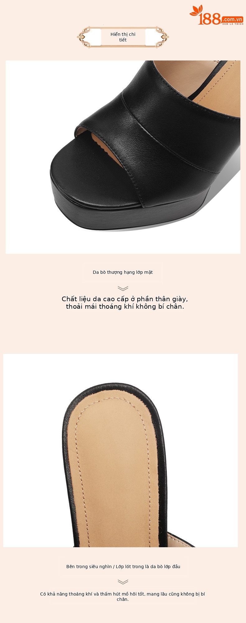 Dép sandal cao gót nữ mũi tròn đế xuồng platform da bò thật — đen chi tiết 3