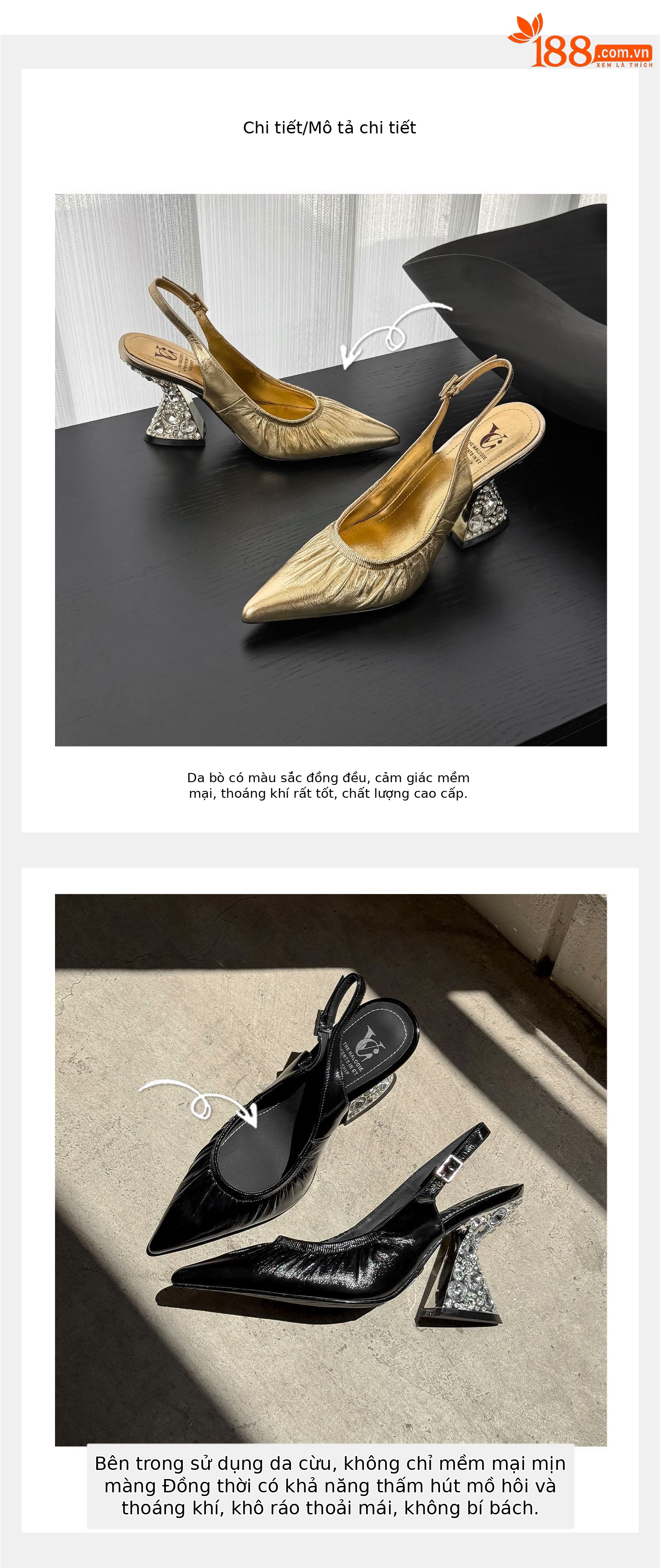 Sandal cao gót nữ mũi nhọn hở mũi quai sau xếp ly đính đá — màu đen, màu vàng, bạc chi tiết 3
