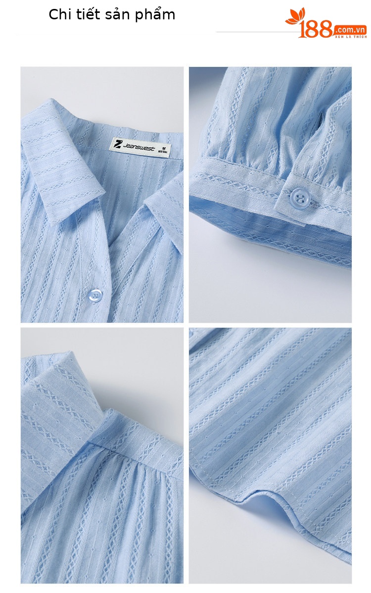 Áo sơ mi polo nữ tay ngắn cổ bẻ chất liệu cotton phối màu trơn thanh lịch — xanh lam chi tiết 12
