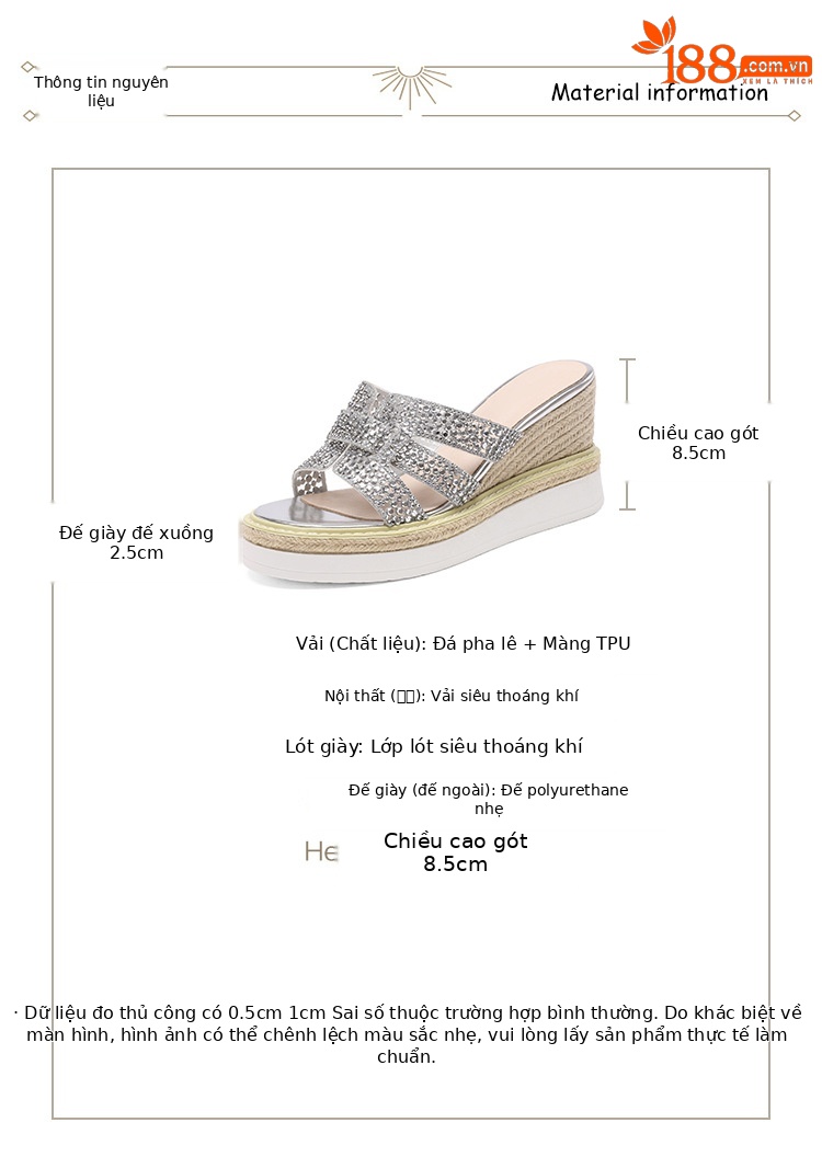Sandal cao gót nữ hở mũi đính đá pha lê quai ngang đế xuồng — Champagne màu, bạc chi tiết 2