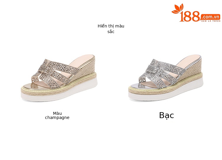 Sandal cao gót nữ hở mũi đính đá pha lê quai ngang đế xuồng — Champagne màu, bạc chi tiết 3