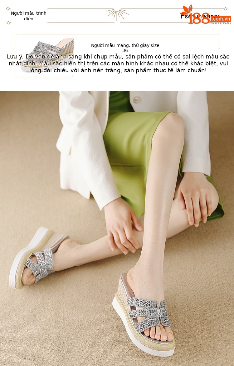 Sandal cao gót nữ hở mũi đính đá pha lê quai ngang đế xuồng — Champagne màu, bạc chi tiết 4
