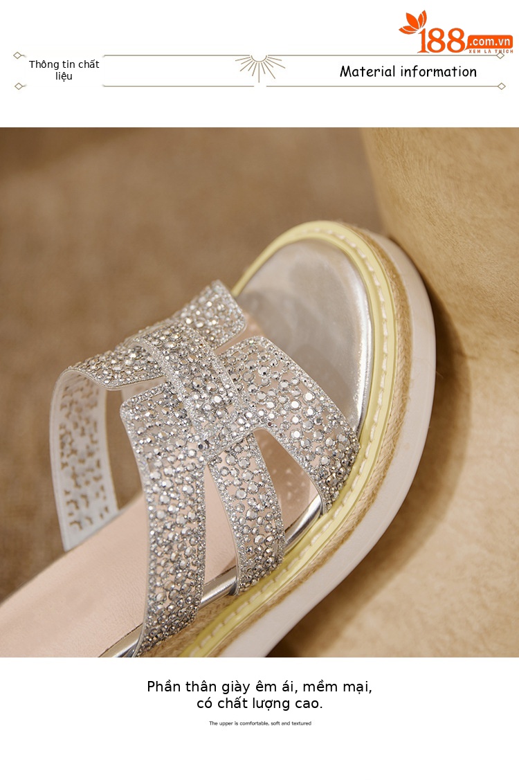 Sandal cao gót nữ hở mũi đính đá pha lê quai ngang đế xuồng — Champagne màu, bạc chi tiết 15
