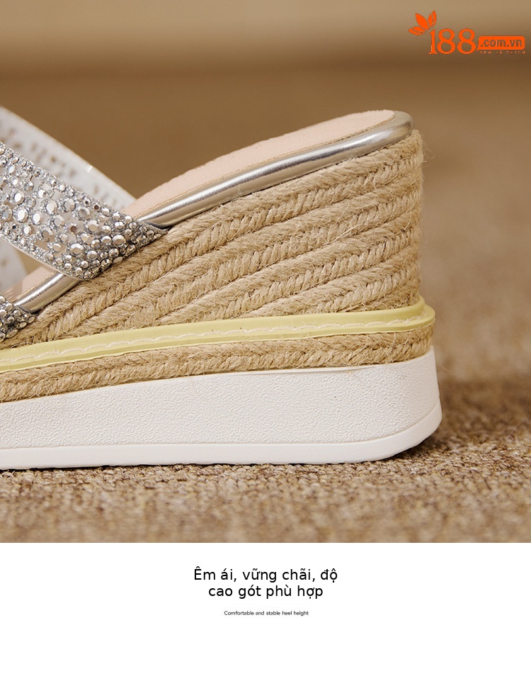 Sandal cao gót nữ hở mũi đính đá pha lê quai ngang đế xuồng — Champagne màu, bạc chi tiết 16