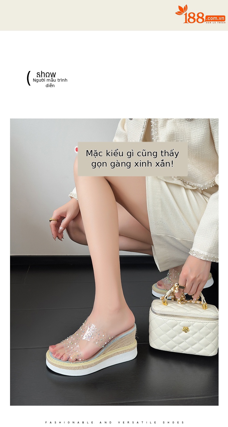 Sandal cao gót nữ đế xuồng trong suốt đính đá gót 9 cm — màu trắng chi tiết 2
