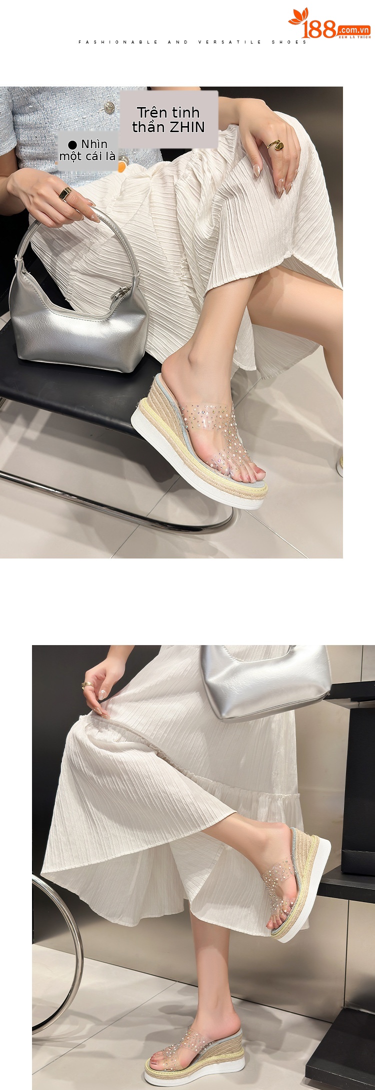Sandal cao gót nữ đế xuồng trong suốt đính đá gót 9 cm — màu trắng chi tiết 6