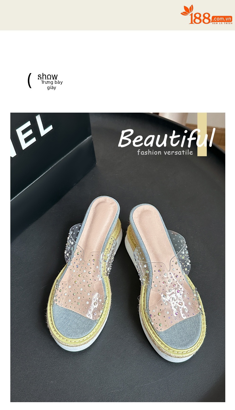 Sandal cao gót nữ đế xuồng trong suốt đính đá gót 9 cm — màu trắng chi tiết 8