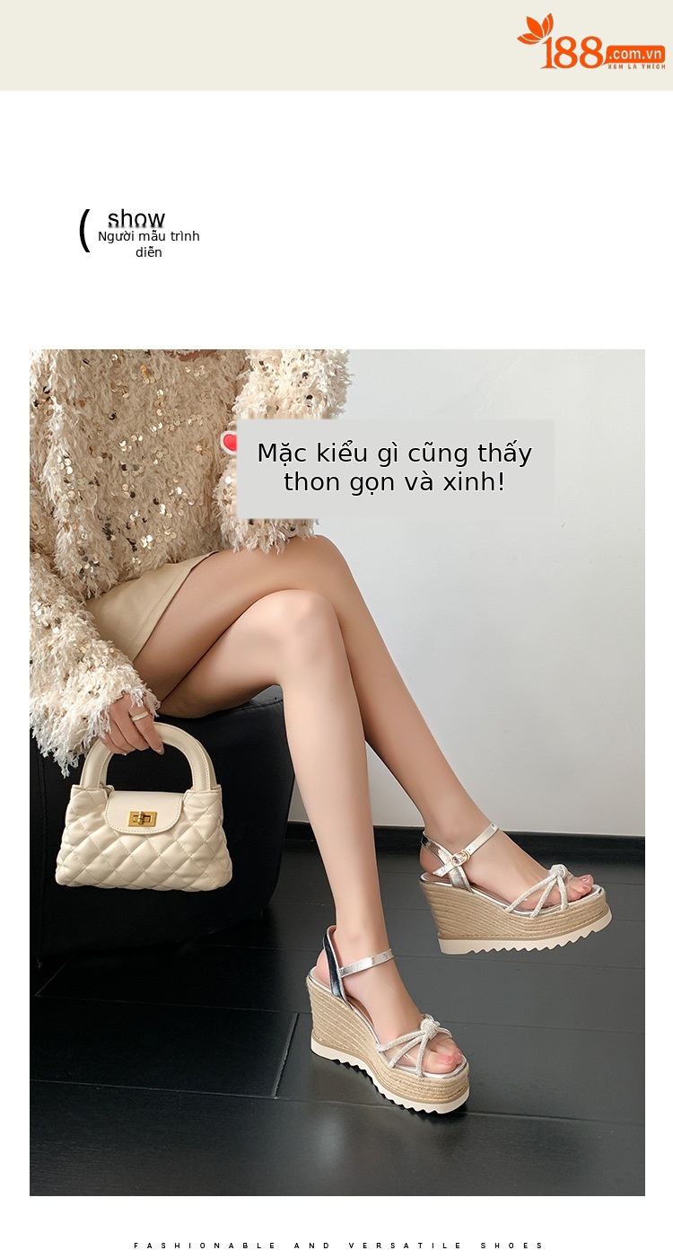 Sandal cao gót nữ hở mũi đính đá pha lê gót nêm đế cói — màu vàng, bạc chi tiết 2