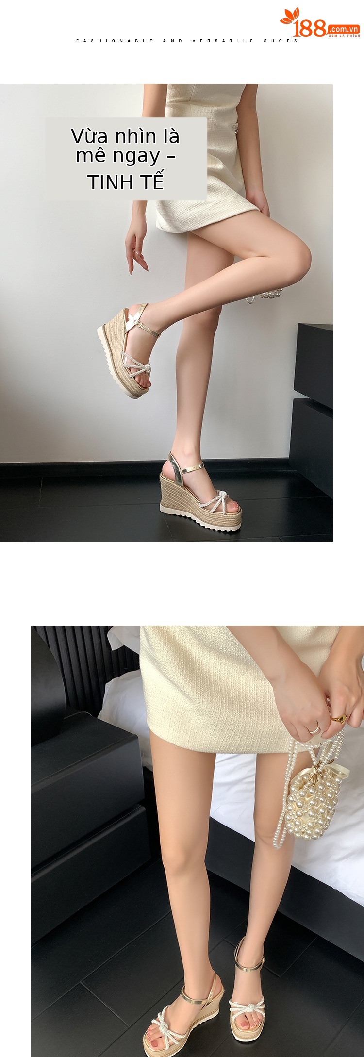 Sandal cao gót nữ hở mũi đính đá pha lê gót nêm đế cói — màu vàng, bạc chi tiết 6