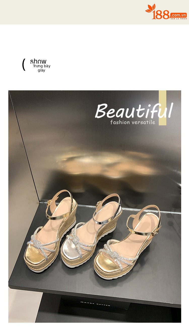 Sandal cao gót nữ hở mũi đính đá pha lê gót nêm đế cói — màu vàng, bạc chi tiết 9