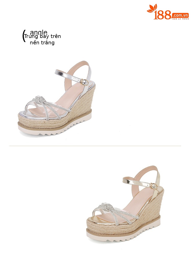 Sandal cao gót nữ hở mũi đính đá pha lê gót nêm đế cói — màu vàng, bạc chi tiết 15