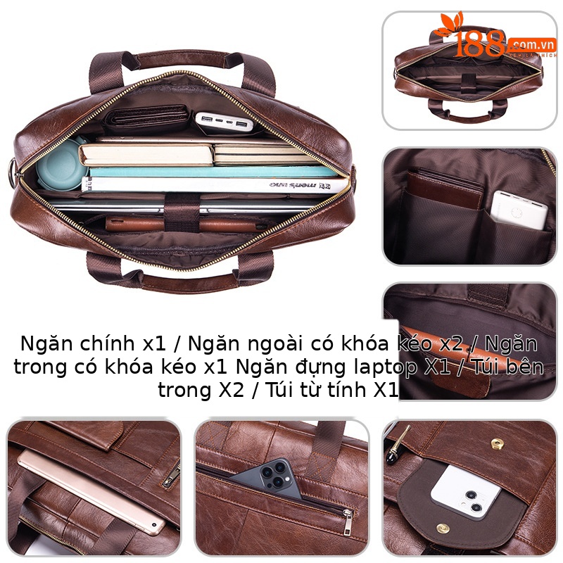 Cặp da bò thật công sở nam đựng laptop 15.6 inch, xách tay đeo vai — Nâu cà phê, Đen, Nâu nhạt