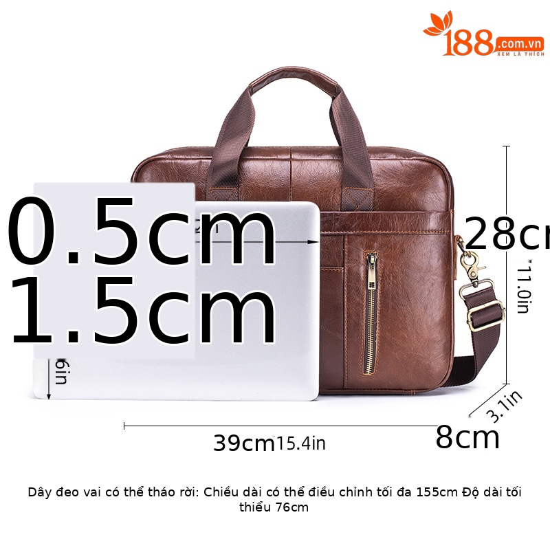 Cặp da bò thật công sở nam đựng laptop 15.6 inch, xách tay đeo vai — Nâu cà phê, Đen, Nâu nhạt