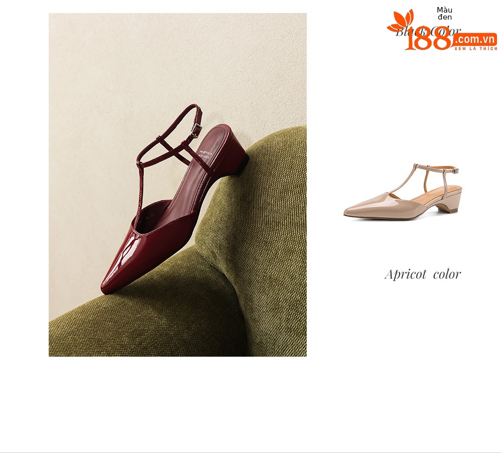 Sandal nữ mũi nhọn da bò sơn mài quai T khóa, gót 4.5 cm, phong cách Hàn Quốc — đen chi tiết 5