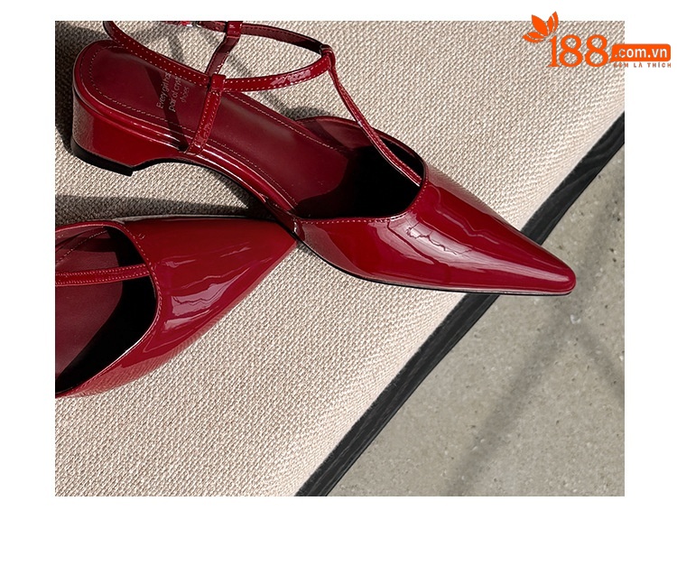 Sandal nữ mũi nhọn da bò sơn mài quai T khóa, gót 4.5 cm, phong cách Hàn Quốc — đen chi tiết 12