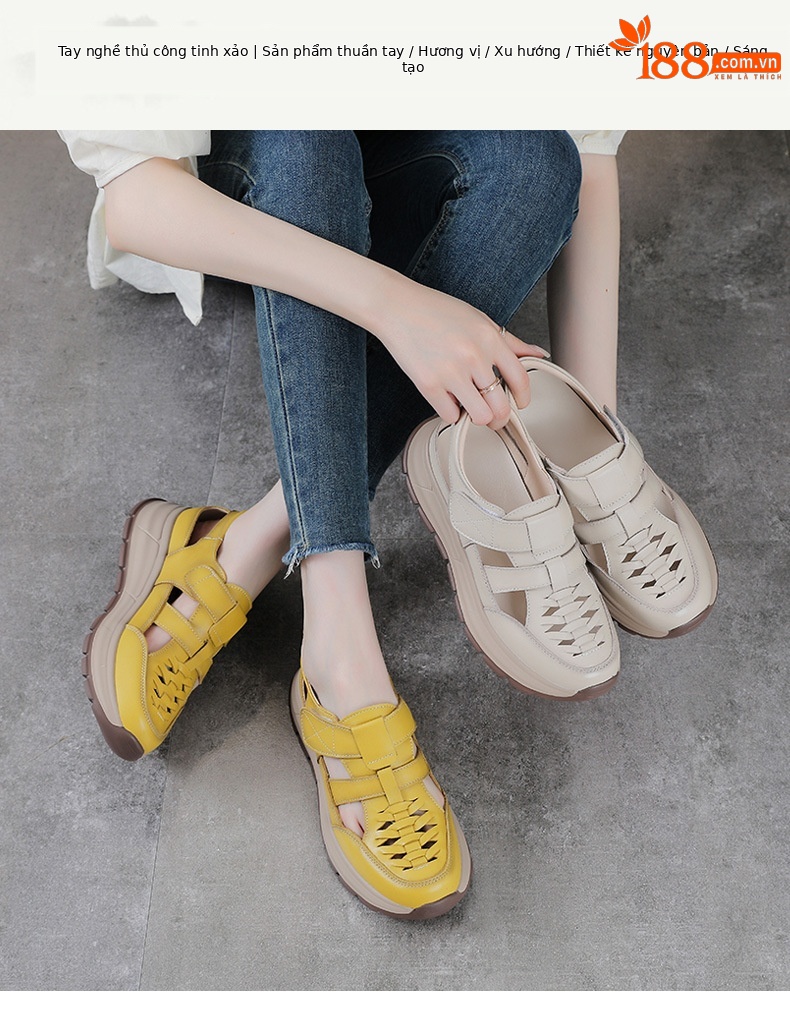 Sandal nữ quai chữ V bọc mũi da bò thật đế dày chống trượt — màu be chi tiết 1
