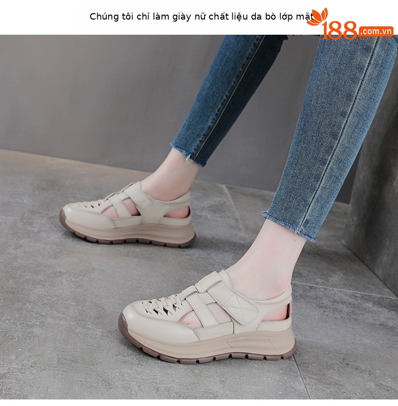 Sandal nữ quai chữ V bọc mũi da bò thật đế dày chống trượt — màu be chi tiết 2