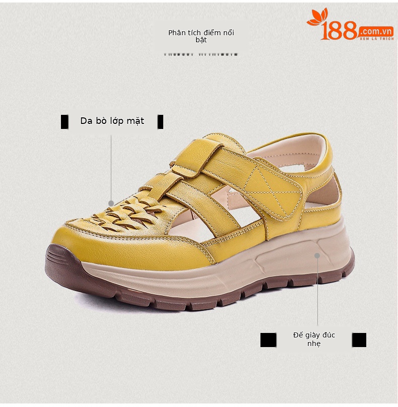 Sandal nữ quai chữ V bọc mũi da bò thật đế dày chống trượt — màu be chi tiết 3