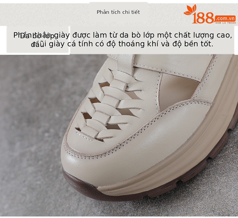 Sandal nữ quai chữ V bọc mũi da bò thật đế dày chống trượt — màu be chi tiết 4