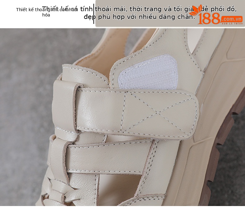 Sandal nữ quai chữ V bọc mũi da bò thật đế dày chống trượt — màu be chi tiết 5