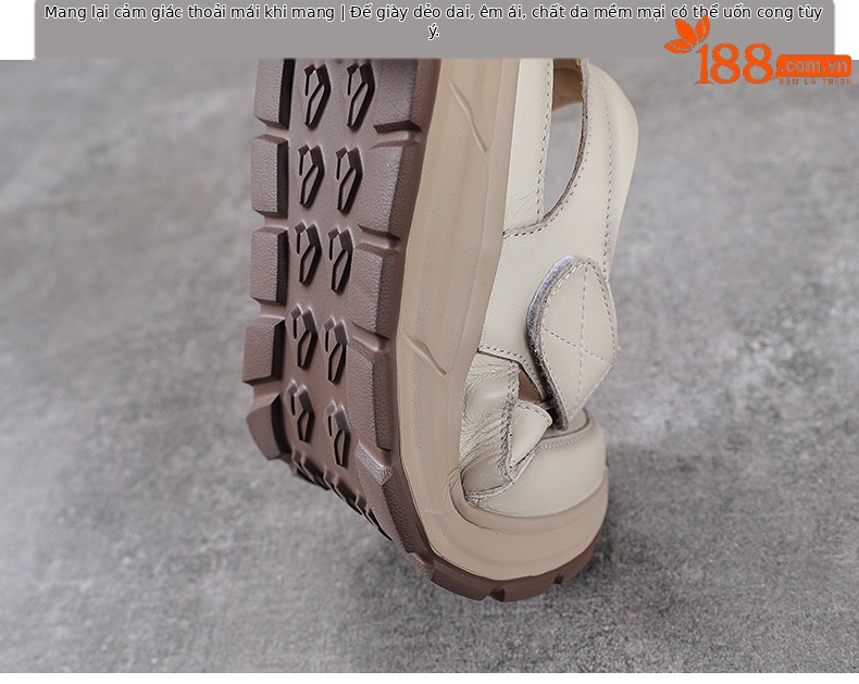 Sandal nữ quai chữ V bọc mũi da bò thật đế dày chống trượt — màu be chi tiết 8