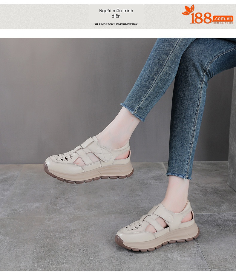 Sandal nữ quai chữ V bọc mũi da bò thật đế dày chống trượt — màu be chi tiết 9