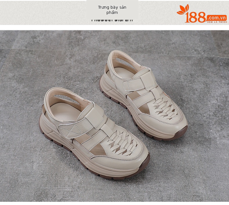 Sandal nữ quai chữ V bọc mũi da bò thật đế dày chống trượt — màu be chi tiết 10