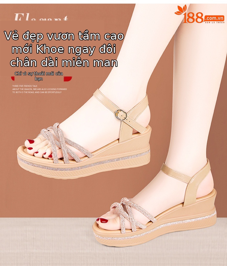 Sandal cao gót nữ quai ngang đính đá platform đế dày gót 6,5 cm — Vàng 6,5cm, Bạc 6,5cm chi tiết 3