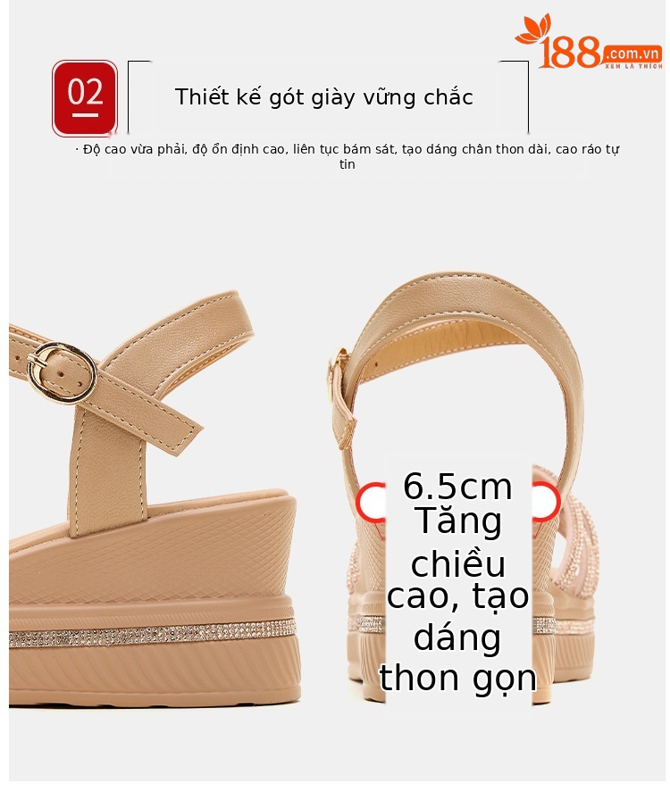 Sandal cao gót nữ quai ngang đính đá platform đế dày gót 6,5 cm — Vàng 6,5cm, Bạc 6,5cm chi tiết 8