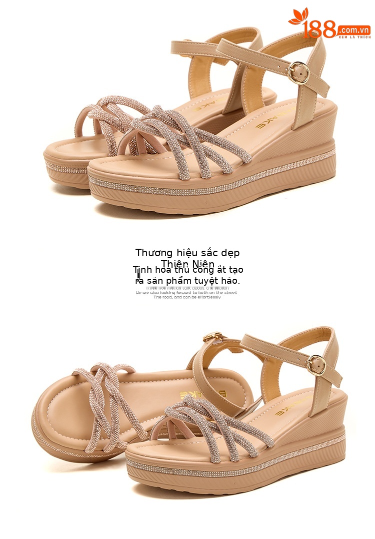 Sandal cao gót nữ quai ngang đính đá platform đế dày gót 6,5 cm — Vàng 6,5cm, Bạc 6,5cm chi tiết 18