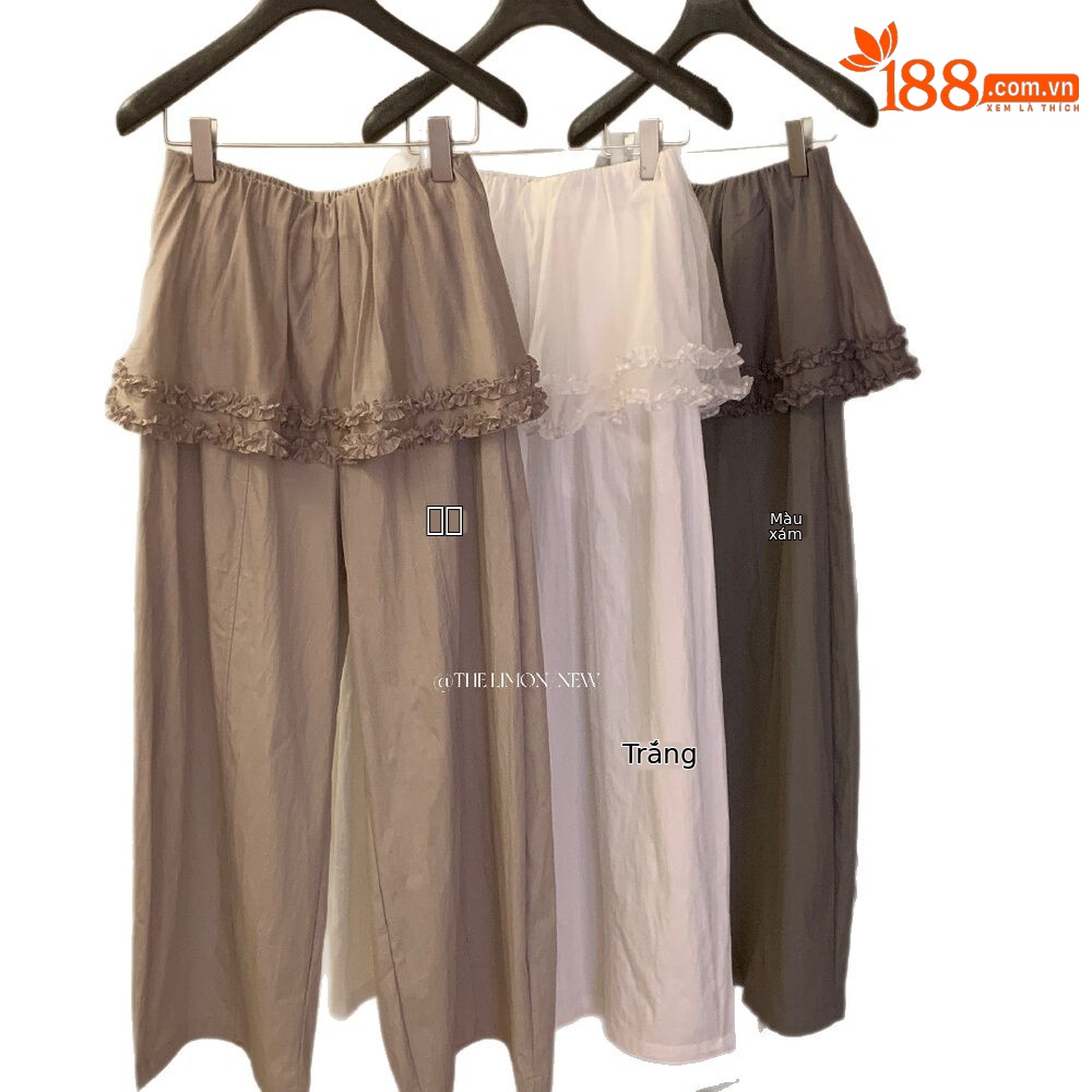 Quần culottes nữ ống rộng cạp cao phong cách Hàn Quốc, thiết kế giả hai lớp viền bèo nhún — màu trắng, màu xám, màu kaki