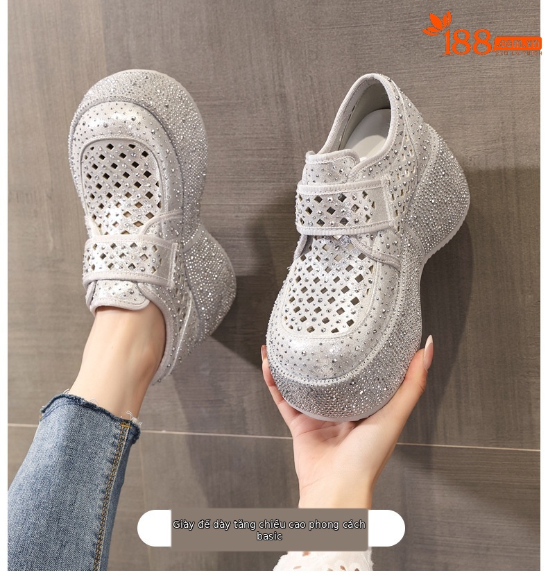 Giày sneaker nữ đế dày tăng chiều cao, phối đá rhinestone, quai magic stick, mùa hè 2026 — màu đen, bạc chi tiết 1