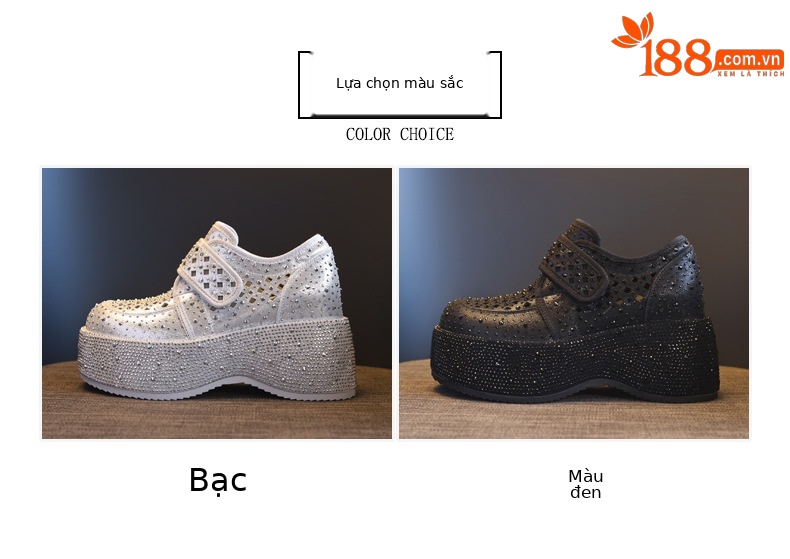 Giày sneaker nữ đế dày tăng chiều cao, phối đá rhinestone, quai magic stick, mùa hè 2026 — màu đen, bạc chi tiết 2