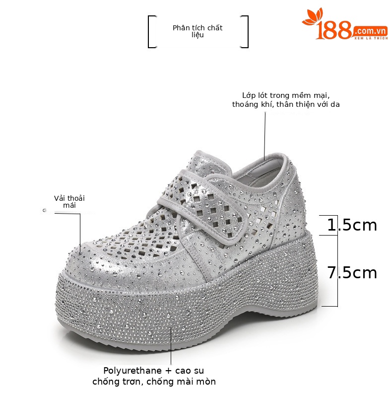 Giày sneaker nữ đế dày tăng chiều cao, phối đá rhinestone, quai magic stick, mùa hè 2026 — màu đen, bạc chi tiết 3