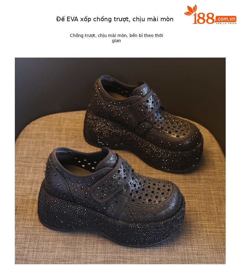 Giày sneaker nữ đế dày tăng chiều cao, phối đá rhinestone, quai magic stick, mùa hè 2026 — màu đen, bạc chi tiết 10