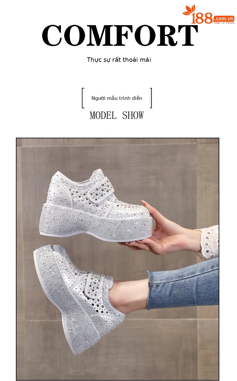 Giày sneaker nữ đế dày tăng chiều cao, phối đá rhinestone, quai magic stick, mùa hè 2026 — màu đen, bạc chi tiết 11