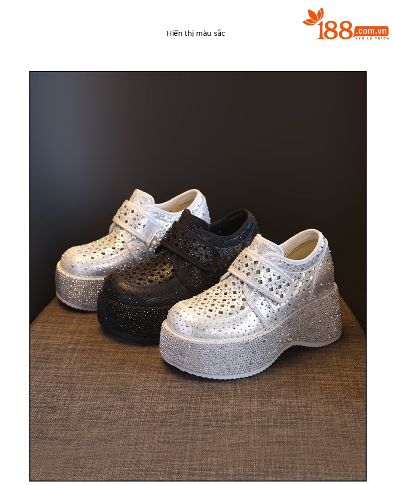 Giày sneaker nữ đế dày tăng chiều cao, phối đá rhinestone, quai magic stick, mùa hè 2026 — màu đen, bạc chi tiết 18