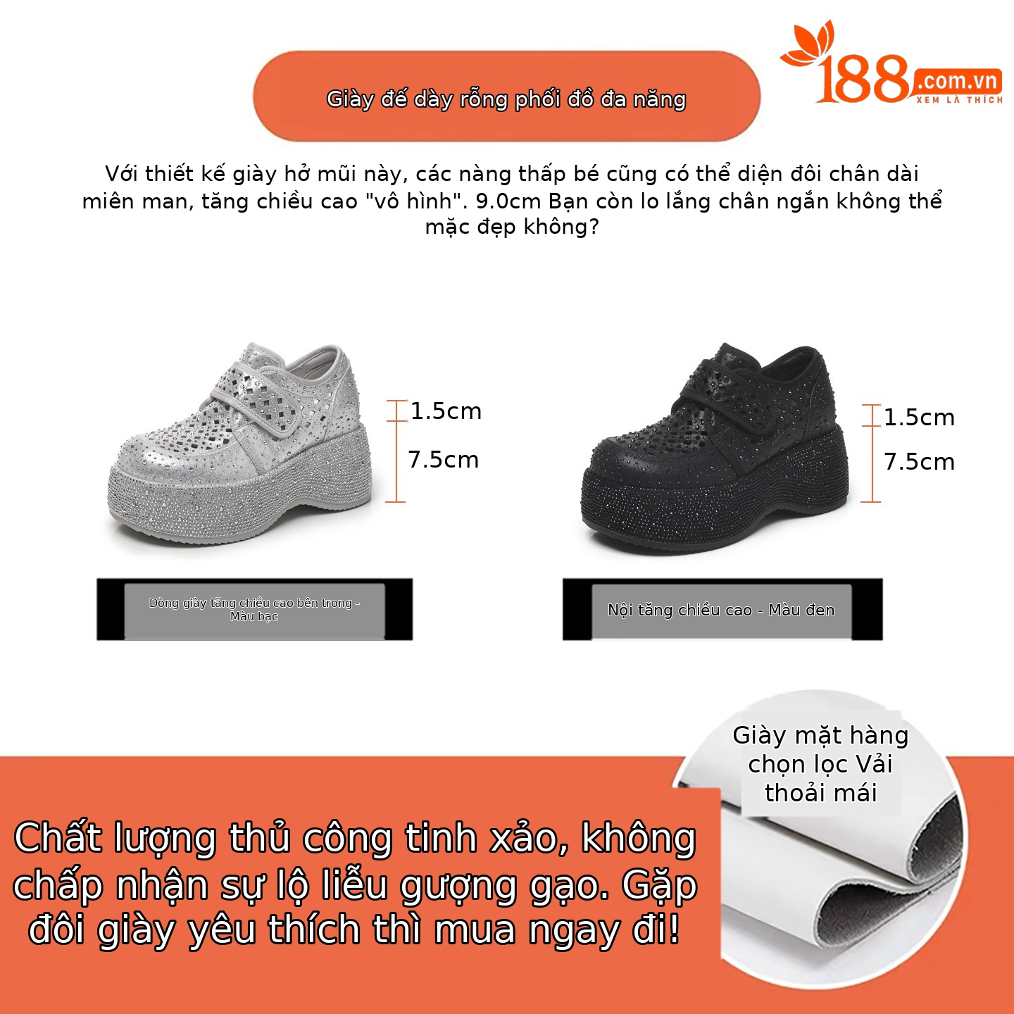 Giày sneaker nữ đế dày tăng chiều cao, phối đá rhinestone, quai magic stick, mùa hè 2026 — màu đen, bạc