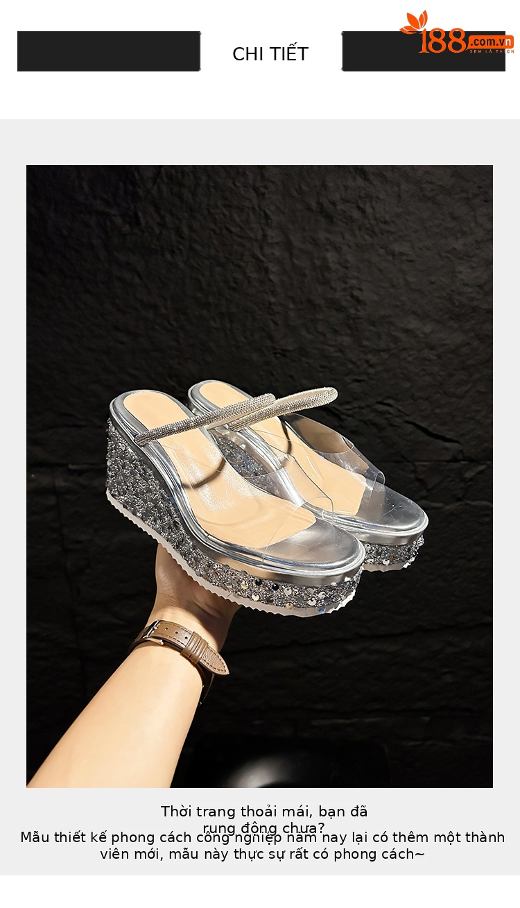 Sandal cao gót nữ hở mũi đế xuồng gót 10 cm phối sequin lấp lánh — màu đen, bạc chi tiết 2